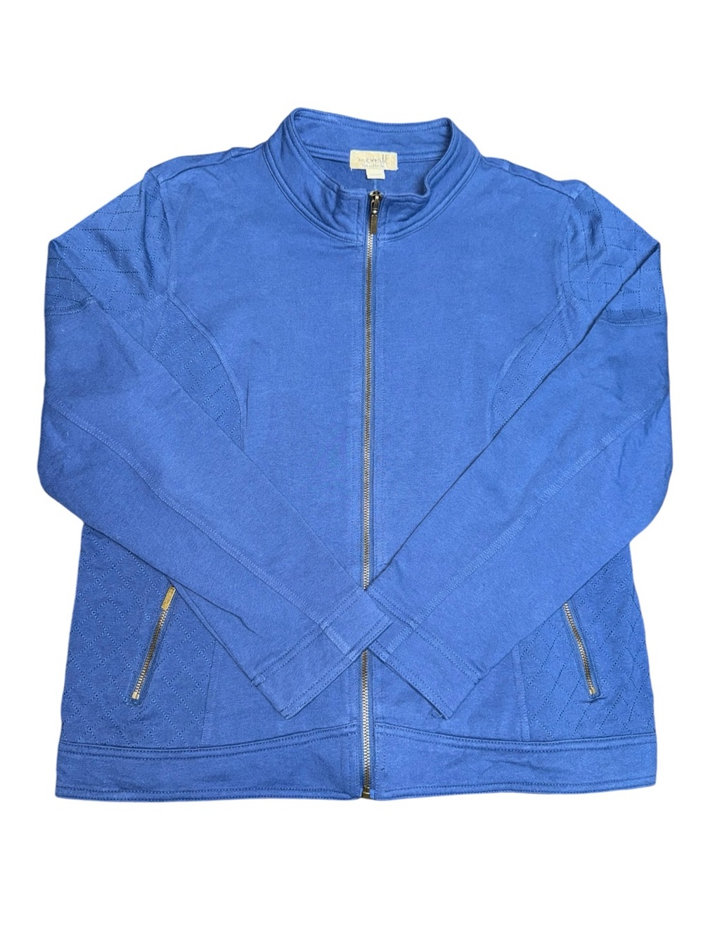 One World Live & Let Live L Blue Stretch Cotton Zip Front Jacket Pockets